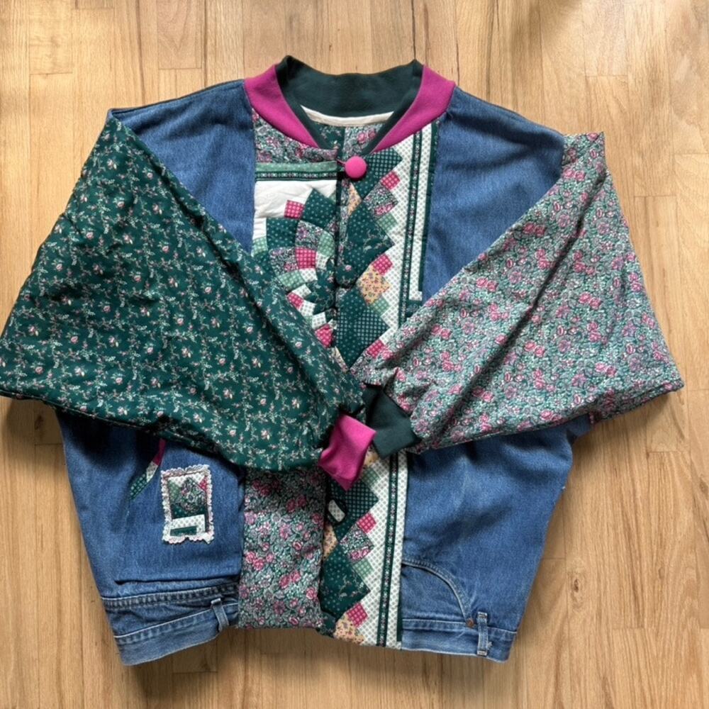 Vintage 80s OOAK Quilted Denim Patchwork Jacket Oversized Tapered Bomber XL